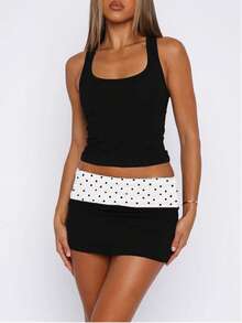 Women Fold Over Low Rise Bodycon Mini Skirt Y2k Polka Dots Print Slim Fitted Going Out Micro Skirts Stretchy Tube Pencil Mini Skirts Party Clubwear - 黑與白 - 查看 3