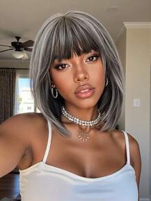 Elegant Mixed Gray Bob Wig With Bangs For Mature Women Natural Synthetic Wig For Gray Use Every Day Wear - Xám - Xem 2