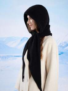 Women's Oversized Shawl Balaclava Hat, Knitted Hat Scarf Set, Solid Color Casual Winter Warm Hat With Pocket, Suitable For Daily, Skiing, Hiking, Vacation - Multicolor - View 20