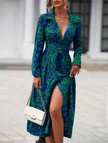 Plus Size Women Leopard Print Lapel Collar Long Sleeve Shirt Dress, Regular Sleeve, Front Slit Hem, Waist Tie - Green - View 3