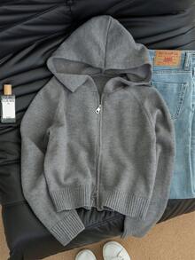 女士灰色双拉链连帽针织开衫，复古宽松加厚外套，适合秋冬季节，圣诞节和新年保暖上衣