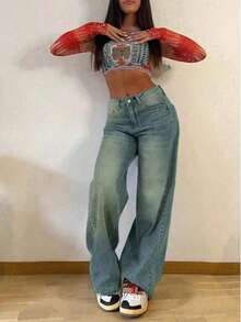 Quần jeans ống đứng dáng rộng cổ điển dành cho thanh thiếu niên - Rửa trung bình - Xem 4