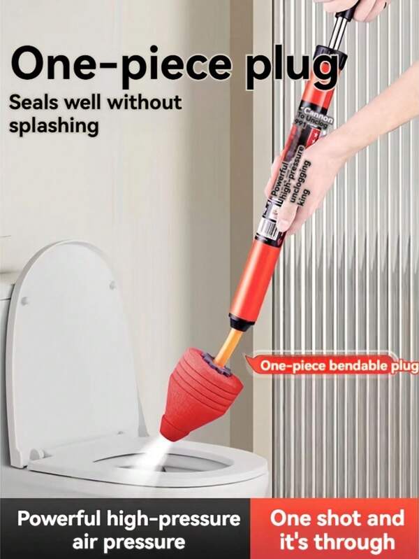 Efficient Red 1pc Manual Plunger - 360° Rotating Stainless Steel Bendable Nozzle Leak-Proof High-Pressure Toilet Pump Drain Clog Remover