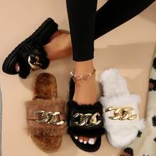 Shoes Womens Slippers Solid Color Fuzzy Fluffy Metal Chain Decoration Fashion Flats Open Toe Shoes Autumn Winter Slippers Cotton Fuzzy Slippers Bedroom Slippers Indoor House - màu đen - Xem 5