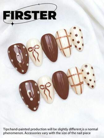 10pcs Fall Brown Bow Polka Dot Short Almond Handmade Press-On Nails,Plaid Nail Art,Sweet Style,Nail Supplies,Suitable For Parties, Celebrations, Daily Wear, Includes Tools, Ideal Gift For Women And Girls