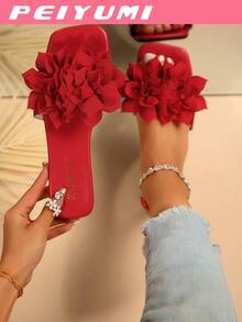 PEIYUMI Summer Unique Floral Decor Flat Sandals, Fashionable & , Non-Slip Women Beach Casual Slippers, Available In White, Black, Red, Green, Rose Red, Pink, Apricot Colors - Red - View 2