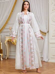 SISKAKIA Elegant & Fashionable Tropical Print Geometric Pattern Sequin Patchwork Abaya Dress, Suitable For Holidays, Weddings, Vacations, All Seasons