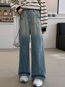 少女休闲水洗渐变铆钉阔腿牛仔裤 - 藍色 - 查看 2