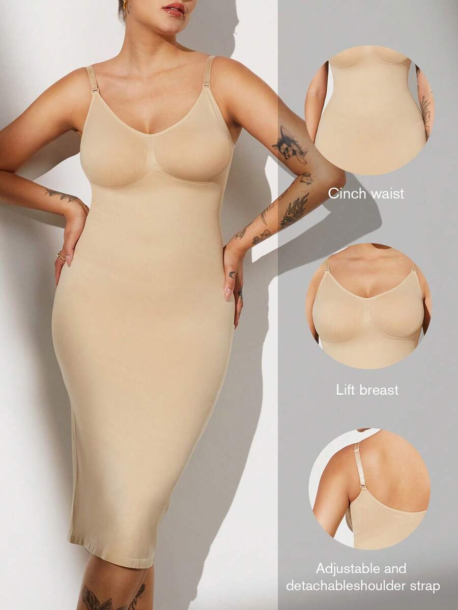 大码女士无缝塑身紧身连衣裙，收腰设计，黑色，收紧胸部、腹部和腰部，大码女士塑身吊带裙