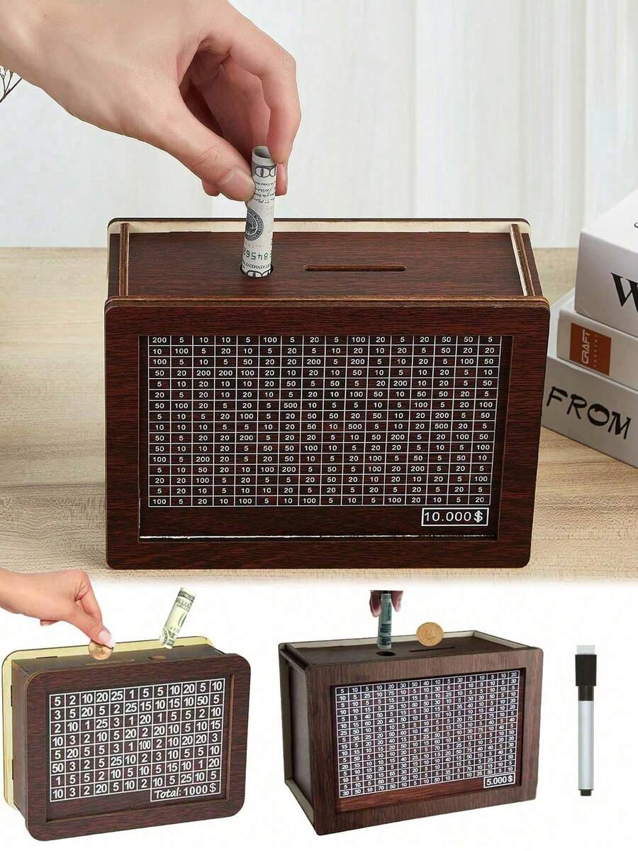 1 صندوق نقود خشبي مع عداد من 1000 دولار إلى 10000 دولار، حرفة خشبية للزينة، بنك توفير خشبي يمكن تغييره (إرسال أقلام تحديد)