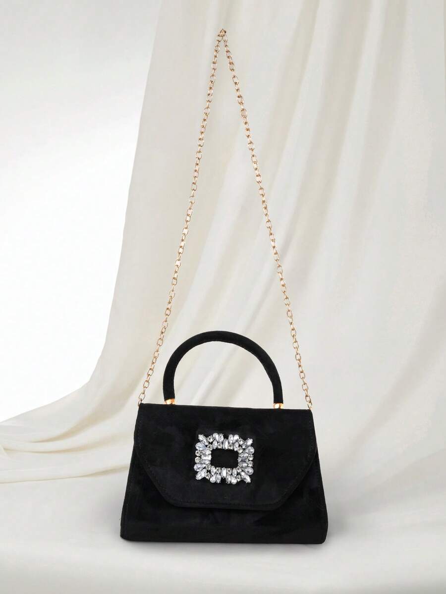 Clariva Fashionable Minimalist Rhinestone Metal Decor Suede Flap Mini Square Bag, Elegant Handbag Suitable For Women Shopping, Party, Evening And Daily Use Gifts - Black - View 1