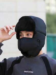 1pc Velvet Windproof Winter Balaclava Hat, Warm Cotton Lining Hunter Cap With Earflaps For Cold Weather Winter Outfits - Black C - View 7