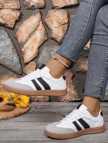 女士多功能时尚休闲鞋，平底防滑系带圆头橡胶底休闲运动鞋，黑棕撞色，日常百搭，鞋履，休闲鞋，欧洲鞋码36-42，时尚百搭 - 白色 - 查看 3