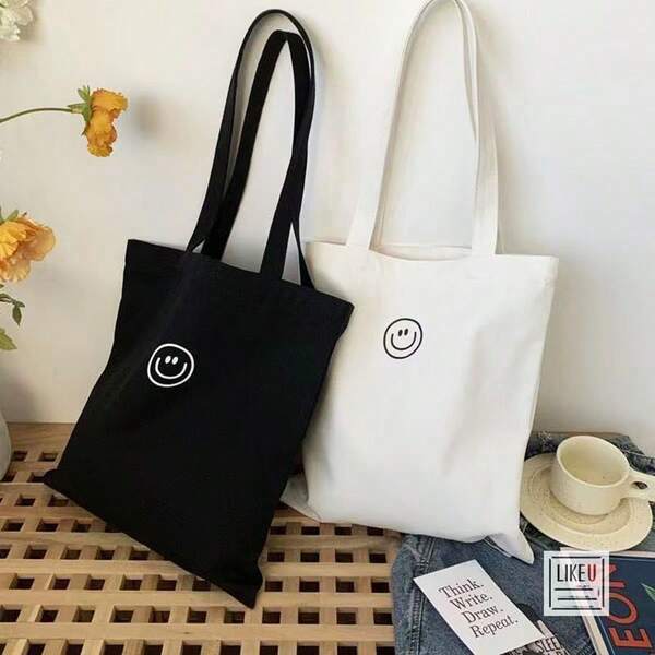 1pc New Smiling Face Ins Style Canvas Tote Bag, Simple Shoulder Casual Large Capacity Handbag, Korean Fashion Student Backpack