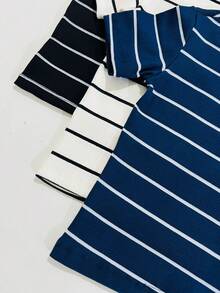 Set Of 3 Women's Short-Sleeve T-Shirts, Plain And Striped, Ribbed Cotton, Basic Style - KIT 3 NAVY BLUE STRIPED - View 3
