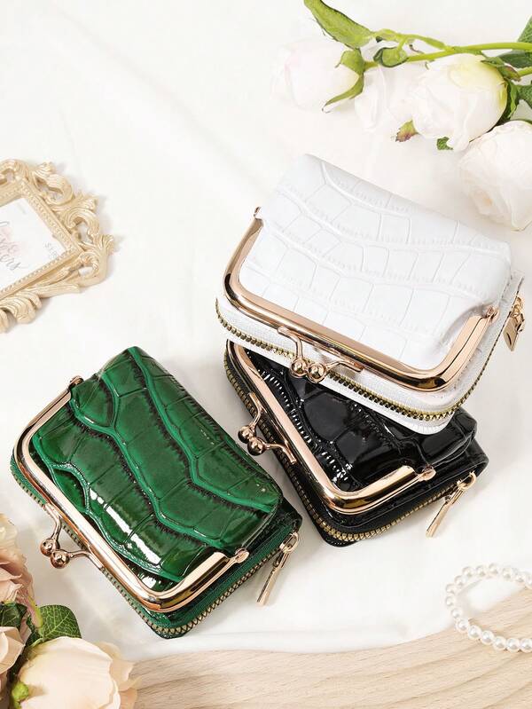 Crocodile Embossed Flap Stone Embossed Buckle,Women's Minimalist Coin Short Wallet,Fashionable Zipper Wrapped Card Clip Multi Functional Key And Cash Storage Bag Detachable Multi Functional Large Capacity Women's Wallet Handbag Storage Bag