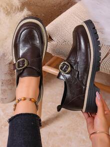 女士时尚英伦风格圆头粗跟扣舒适一脚蹬乐福鞋 - 咖啡色 - 查看 3