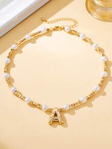 1pc Fashionable & Cute Cheese Design Letter Beaded Pendant Necklace, Elegant & Versatile For Women - Yellow Gold - View 5