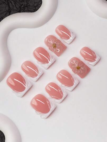 10pcs/Set Handmade Square Nail Tips, Y2K Baddie Style, Nude & White Color With French Tips, Crystal Embellishment Design, Suitable For Party, Wedding, Daily Wear, Includes Nail Tools, Great Gift For Women & Girls