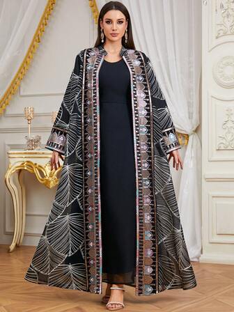  Siskakia Muslim Arab Female Two Pieces Set Mesh Sequin Tape Diamonds O-Neck Full Sleeve With Belt Clothing Abaya Women Dubai Long Dress