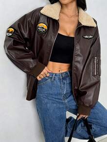 Womens Casual Bomber Jacket With Shearling Collar Long Sleeve PU Leather Warm Lined Plain Outerwear With Pockets - 咖啡棕 - 查看 2