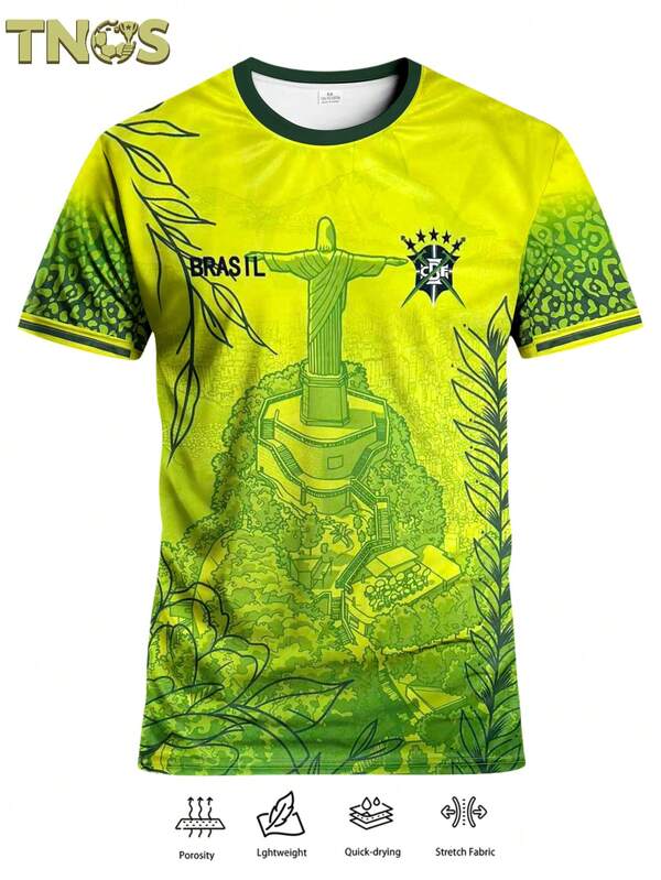 Camisa de futebol masculina de manga curta para adolescentes do Brasil, uniforme esportivo profissional para futebol, ideal para jogos, treinos, atividades ao ar livre e fitness. Ótima opção de presente para homens.