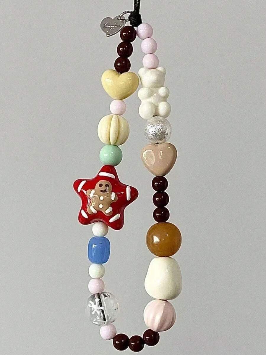 1 件圣诞串珠手机挂件，姜饼人和星星可爱少女冬季秋冬小众链 - 彩色 - 查看 1