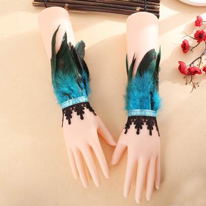 1 对哥特式花卉蕾丝翅膀手镯腕带羽毛袖口手套，黑色，适合派对服装角色扮演万圣节天鹅女巫服装配饰