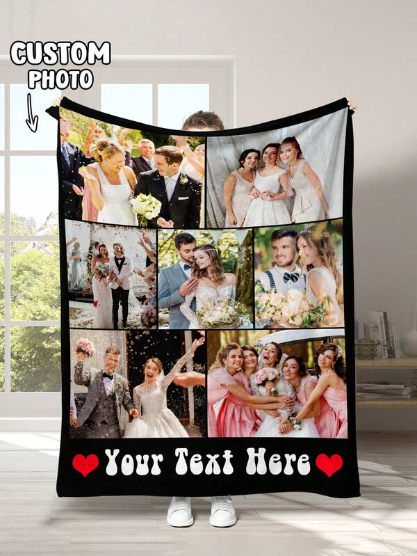 1pc Customized Photo Blanket, Personalized Flannel Blanket With Photo And Text, Bedding Blanket, Custom Picture Blanket, Personalized Family Photo Blanket, Customized Image Blanket, Personalized Throw Blanket With Image, Comfortable Blanket, Family Gift, Wedding Gift, Mother's Day Gift, Birthday Gift, Office Use