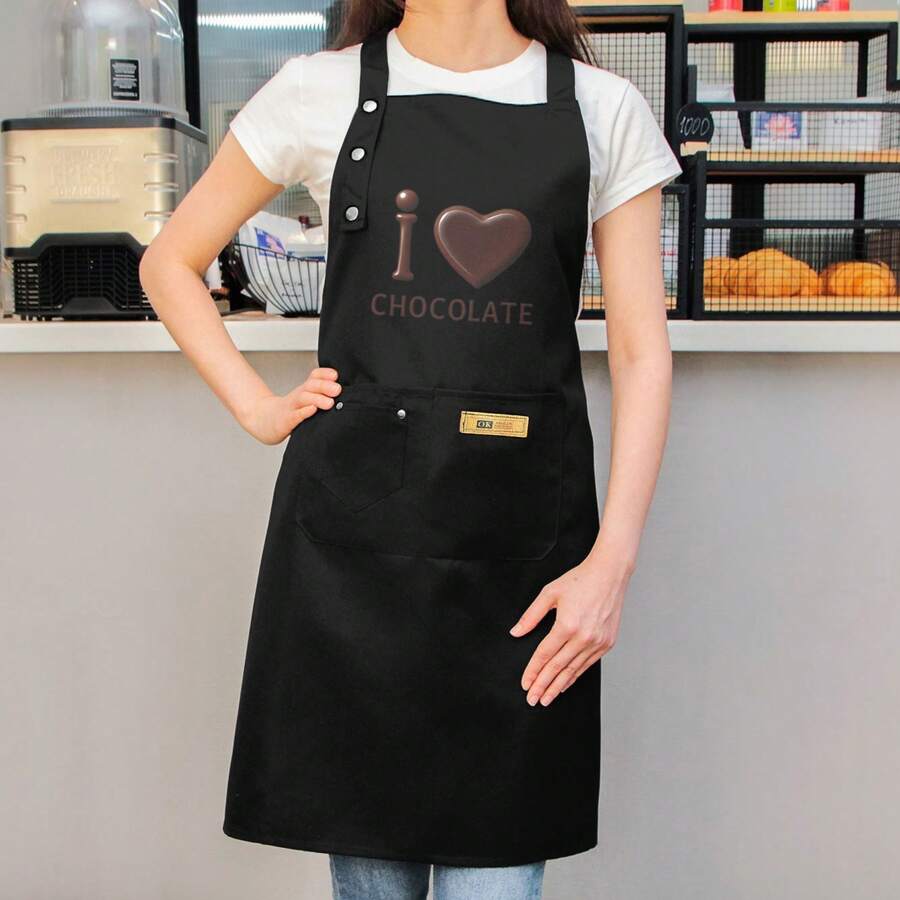 Women'S Chocolate Apron - Cute Baking Apron With "I Love Chocolate" Design, High Quality Kitchen Apron With Two Pockets, Black Cooking Apron For Chocolate Lovers, Birthday Or Wedding Gift For Women, Chocolate Bar Apron, Playful Kitchenwear, Durable Kitchenwear, Food Service Apparel, Kawaii Design, Sturdy Construction, Home Cooks - 黑色 - 查看 1
