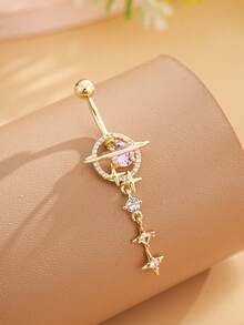 1.5pcs Star & Moon Multi-Element Pendant Navel Ring Stainless Steel Spiral Navel Piercing Jewelry, Suitable For Daily Wear