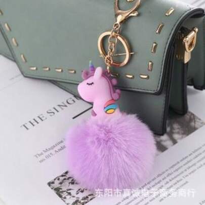 Plush Ball Unicorn Keychain, Cute Soft Rubber Pendant, Backpack Charm Decoration