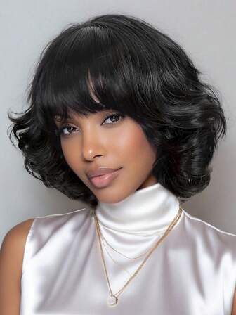 女士短款蓬松波浪假发，优雅黑色大卷波波头假发，带刘海，合成纤维，高温丝材质，适合日常、派对、角色扮演等多种场合。