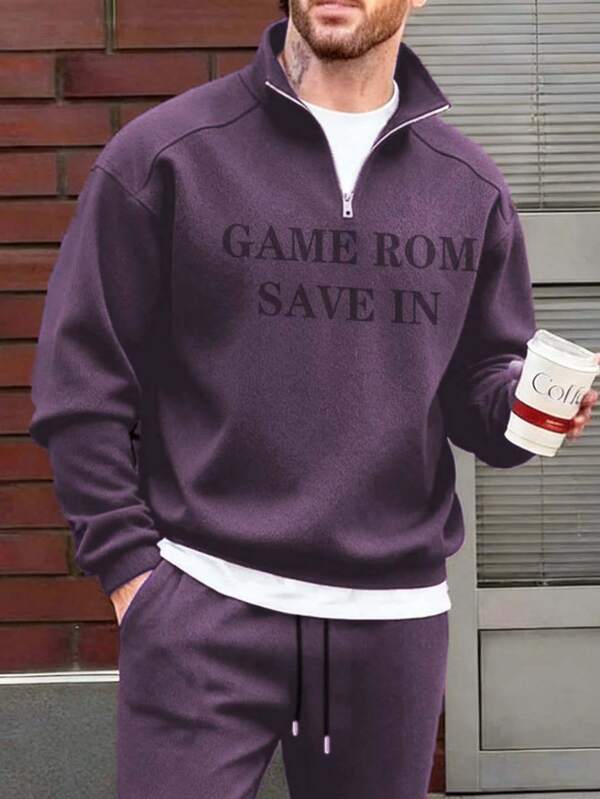 Men's Solid Color Zip-Up Half Placket Hoodie And Pants Casual Suit