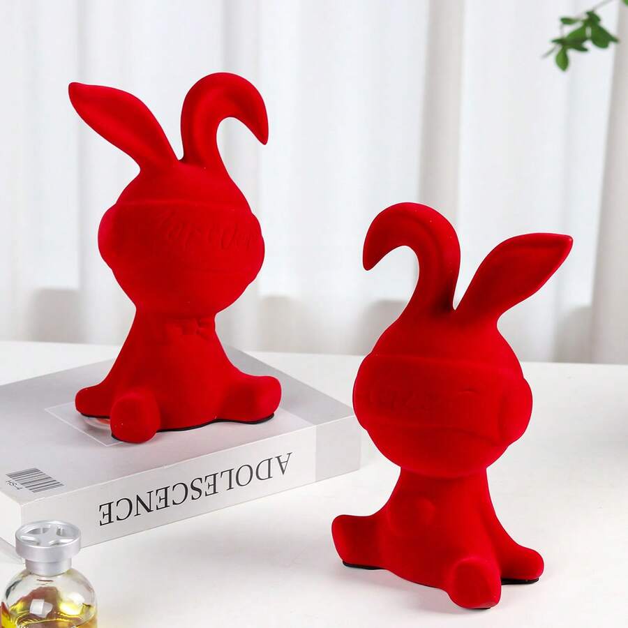 1pc 23cm Tall Ceramic Rabbit Decor, Cute Rabbit Craft With Flocking Technique, Auspicious Red Rabbit Ornament, "Forever Love" Figurine, Suitable For Home Decor, Living Room, Christmas Decoration - Multicolor - View 1