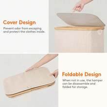 带盖洗衣篮，窄型洗衣篮，带可拆卸袋，纤细脏衣篮，带竹制提手，适用于浴室、卧室和洗衣房 - 白色 - 查看 4