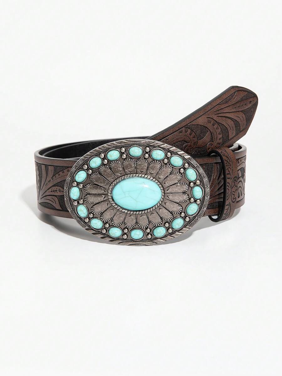 1pc Vintage Blue Agate Round Buckle Retro Coffee Floral Pattern PU Leather Belt