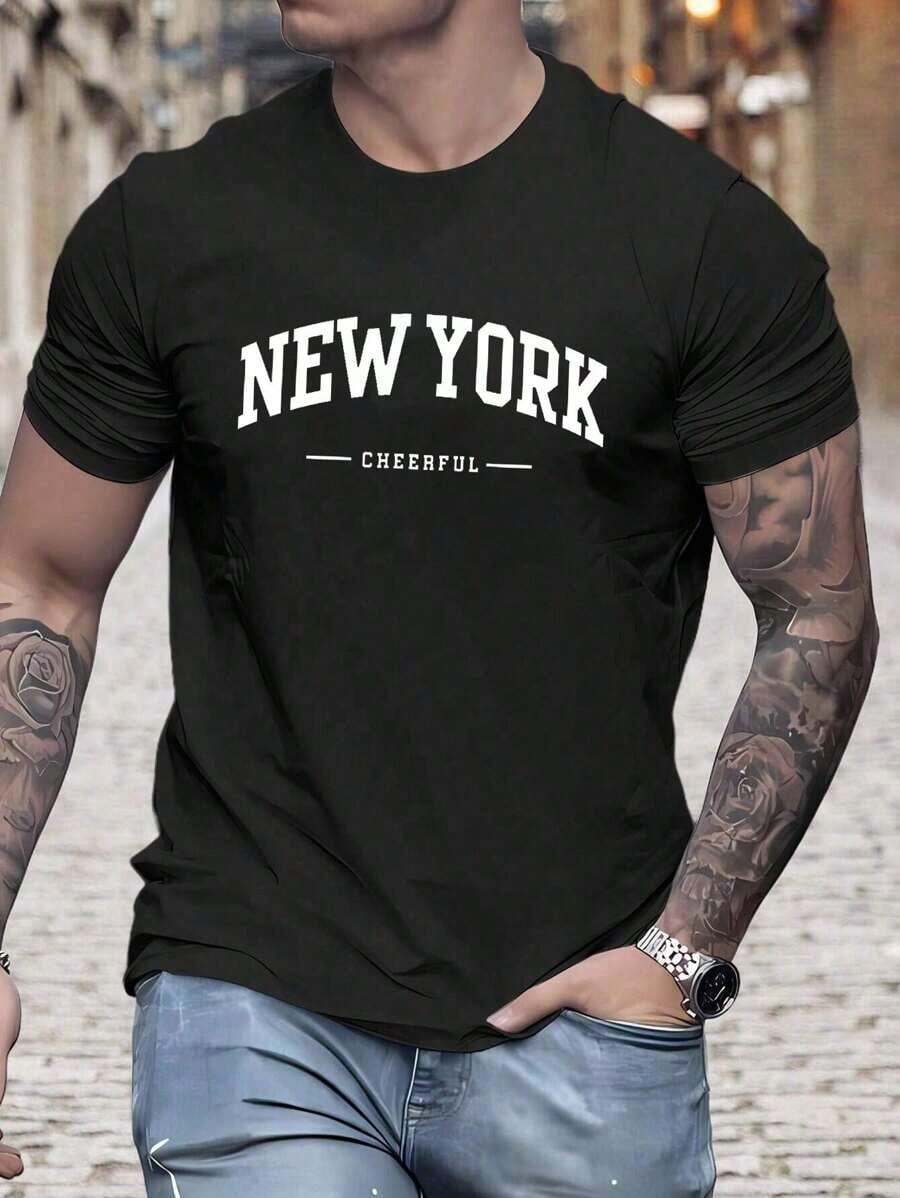 Men's Letter Print T-Shirt - Black - View 1