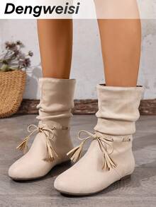 بوت نسائية بيج مطوية بشراشيب منتصف الساق، أنيقة متعددة الاستخدامات للارتداء اليومي والعطلات، ذات أصابع قدم مستديرة مسطحة، موضة خريف/شتاء - بيج - مشاهدة 5