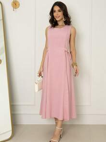 Women's Midi Dress, Simple Knot, Buttons At The Front, Wedding, Beach - Màu Hồng baby - Xem 1