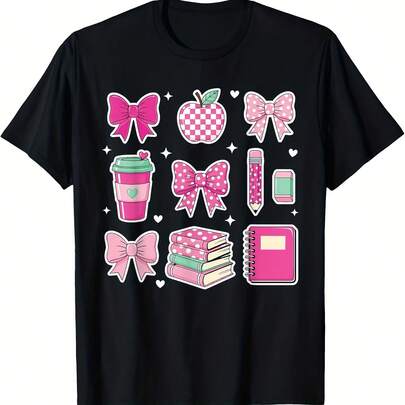 Preppy Pink School plies Bow Tea Cute Back to School T-Shirt All Season 220g Cotton Single Sided Printed Crew Neck Short Sleeve T Shirt