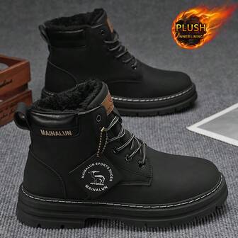 1 Pair Thermal Lined Lace-Up Short Boots, Letter Pattern PU High-Top Outdoor Work Boots, Couple Boots