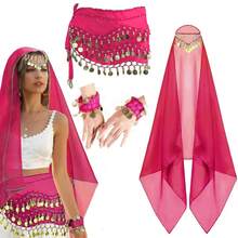 4 件套肚皮舞套装肚皮舞雪纺臀巾、头巾腕带舞蹈配饰带金币 - 彩色 - 查看 3