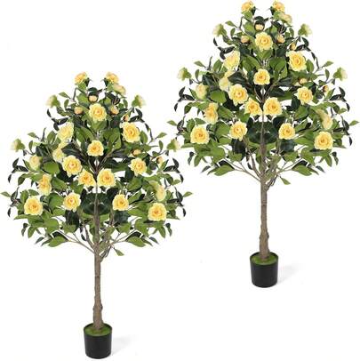 4FT Artificial Camellia Flowers Tree, 2Pack Fake Plant Plastic Potted With Faux Greenery Leaves Outdoor Indoor Home Decor For Livingroom Garden Patio Yard Office