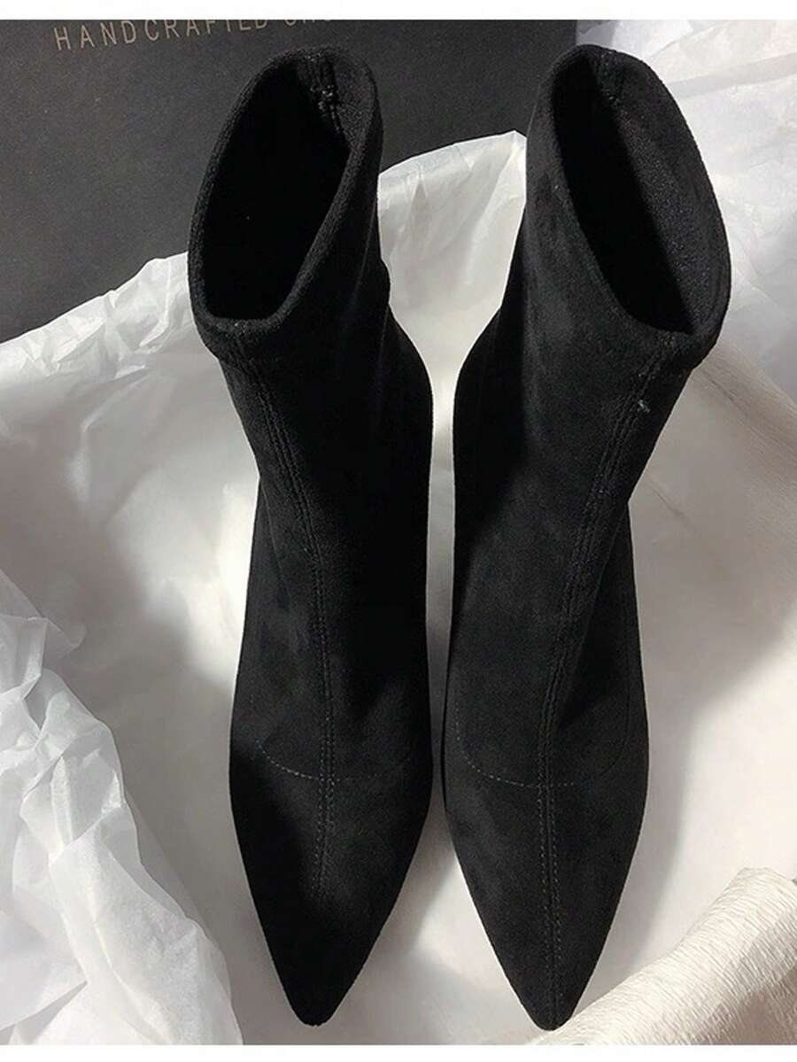 Women's Fashion Pointed Toe Thick Sole Slip-On Ankle Boots, Stylish And Versatile, Suitable For Spring And Autumn,High Heels - Black - View 1