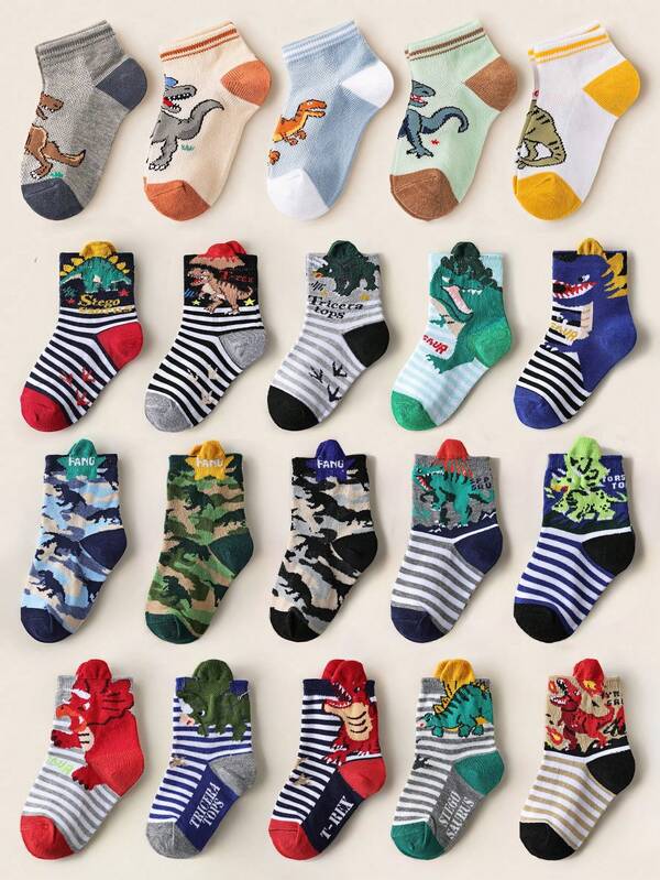 5/10/20 Pairs Kids/Boys Cartoon Dinosaur Pattern Socks, Soft, Comfortable, Breathable, Warm, Suitable For Daily Wear, Holidays, Travel, Assorted Colors And Styles