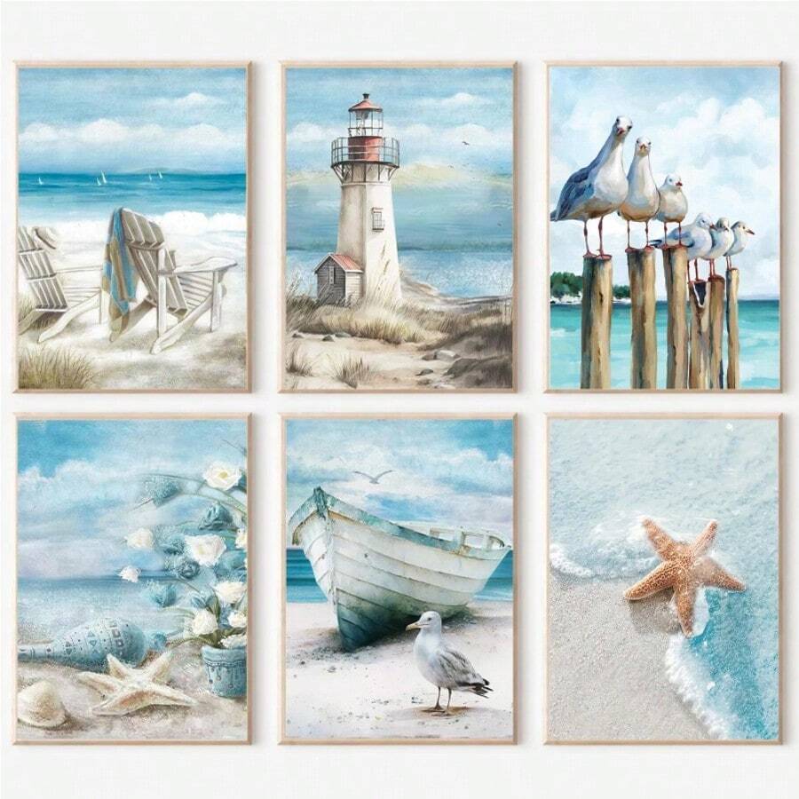 6pcs 8x12Inch Paint By Number Kit For Adults - Complete Beginner Art Supplies With Brushes, DIY Canvas Painting With "Beautiful Seaside",For Home Decor, Gift For Family & Friends - 彩色 - 查看 1