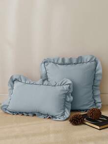 1pc Romantic French Style Ruffled Quilted Envelope Without Filler, Chic Romantic Decorative Throw Pillowcase For Bedroom/Dorm/Sofa/Couch, Gift For Lover, Friend. Machine Washable. Oeko-Tex Certified. Dusty Blue - Dusty Blue - View 2