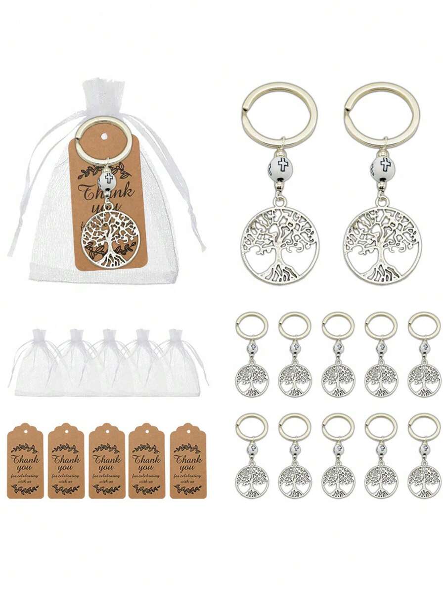 12件/4套生命之树钥匙扣礼盒，包含4张感谢卡、4个白色薄纱袋和4个生命之树钥匙扣。感恩树星形和十字架吊坠，适合作为钥匙扣和包包装饰。是父亲节、母亲节、情人节、生日、婚礼、毕业季、返校季、感恩节、圣诞节、教师节和新年派对小礼物以及洗礼礼物的完美之选。