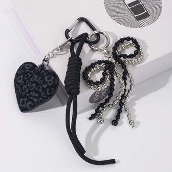 1 Black Leopard Print Heart-Shaped Keychain Pendant, Two-Tone Bow Beads And Braided Lanyard, Bag Charm Accessories, Simple And Fashionable Holiday Gifts, Bag Decorations, Daily Carry-On, Cute Keychain, Two-Tone Beads, Fashion Beads, Handmade Accessories, Heart-Shaped Keychain, Fashion Accessories, Women'S Gifts, Birthday Gifts, Christmas Gifts, New Year Gifts, Valentine'S Day Gifts, Holiday Gifts